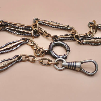 Antique Victorian Niello Silver & 10k Rose Gold Gilt Watch Chain Necklace MB5