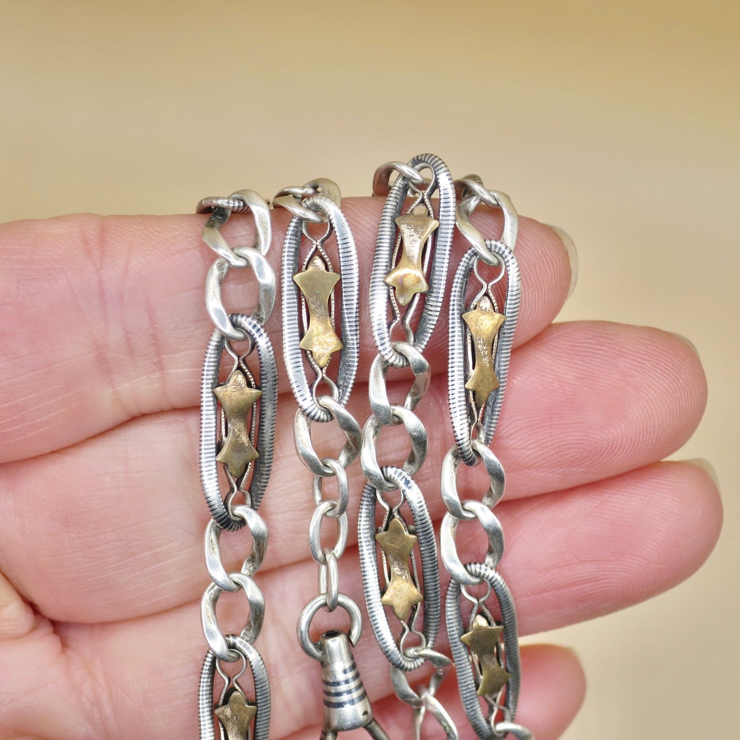 Antique Victorian Niello Silver Pocket Watch Chain Necklace: Rose Gold Stars, 16" MB4