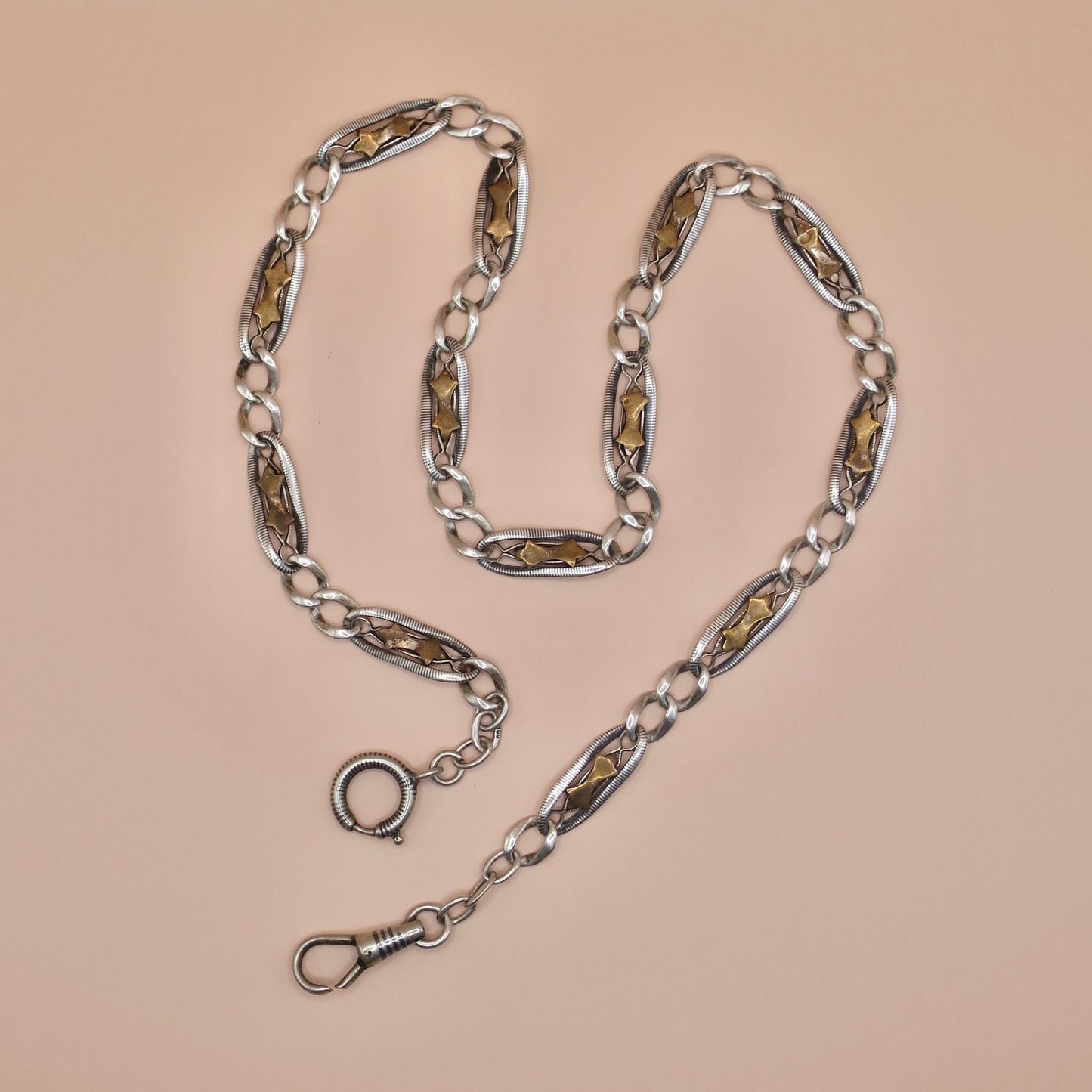 Antique Victorian Niello Silver Pocket Watch Chain Necklace: Rose Gold Stars, 16" MB4