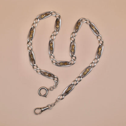 Antique Victorian Niello Silver Pocket Watch Chain Necklace: Rose Gold Stars, 16" MB4
