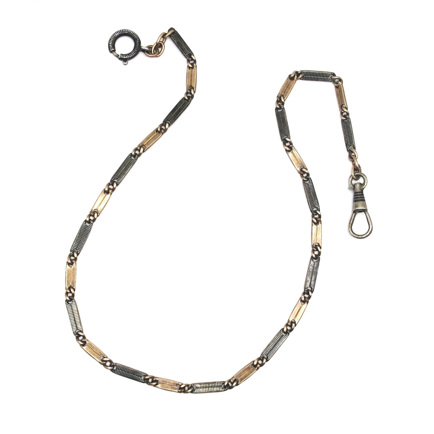 Antique Victorian Niello 800 Silver Bar Link Necklace - 14k Rose Gold Vermeil, 15"inches MB7