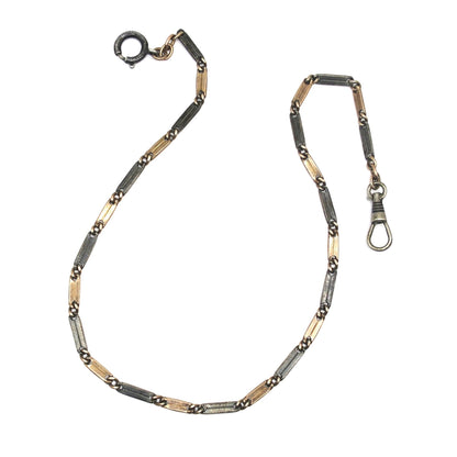 Antique Victorian Niello 800 Silver Bar Link Necklace - 14k Rose Gold Vermeil, 15"inches MB7