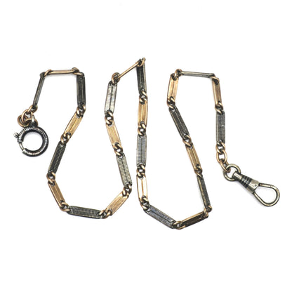 Antique Victorian Niello 800 Silver Bar Link Necklace - 14k Rose Gold Vermeil, 15"inches MB7