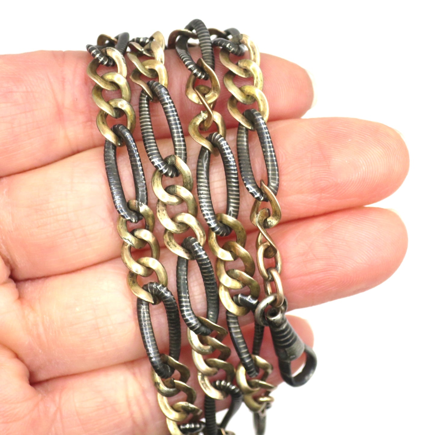 Antique Victorian 800 Silver Niello 9k Rose Gold Vermeil Pocket Wactch Chain Necklace MB64