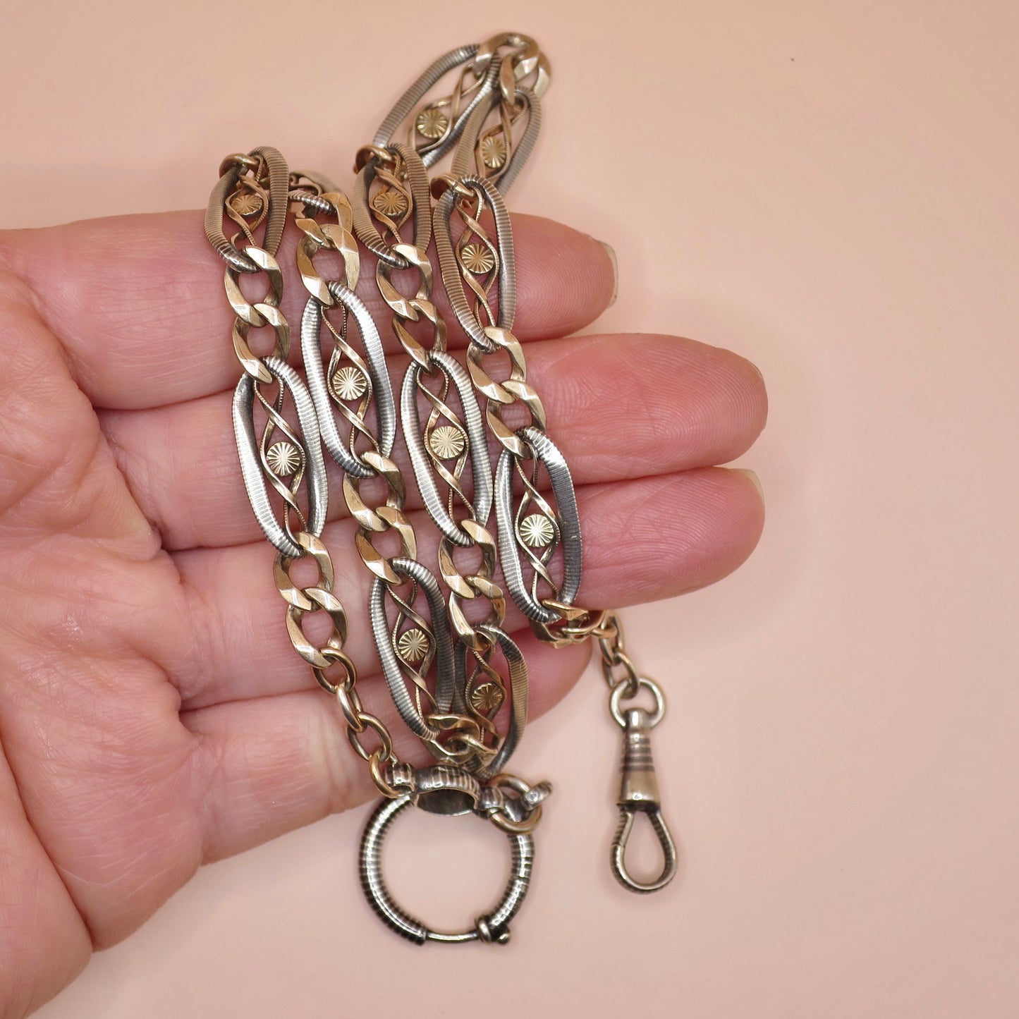 Antique Victorian 800 Silver Niello & Rose Gold Watch Chain Necklace MB12
