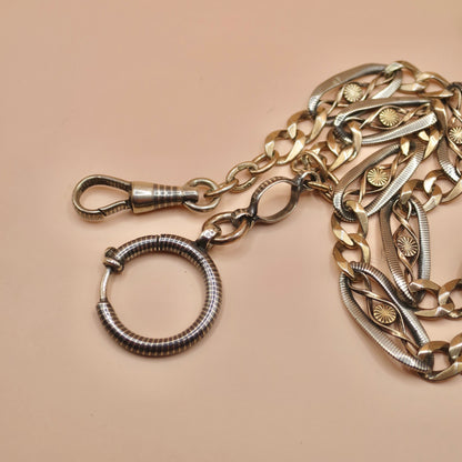 Antique Victorian 800 Silver Niello & Rose Gold Watch Chain Necklace MB12
