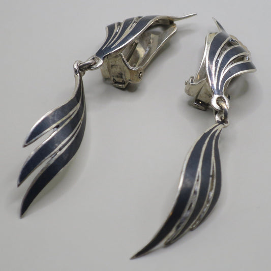 Antique Niello 865 Silver Double Angel Wings Clip On Earrings N1