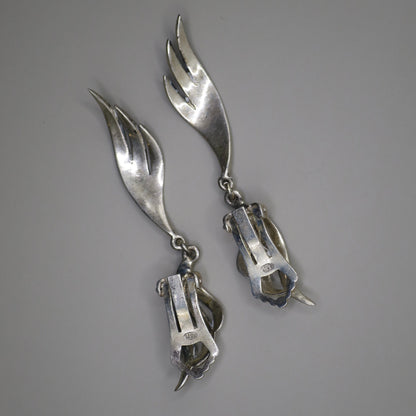 Antique Niello 865 Silver Double Angel Wings Clip On Earrings N1