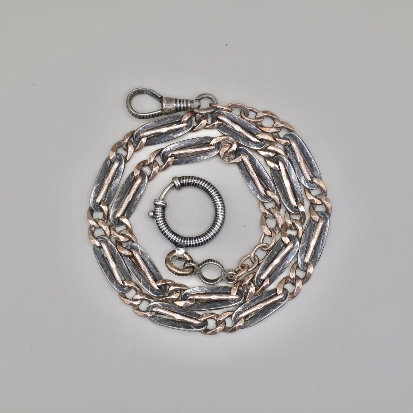 Heavy Antique Victorian Niello Silver & 12k Rose Gold Vermeil Chain Necklace MB50