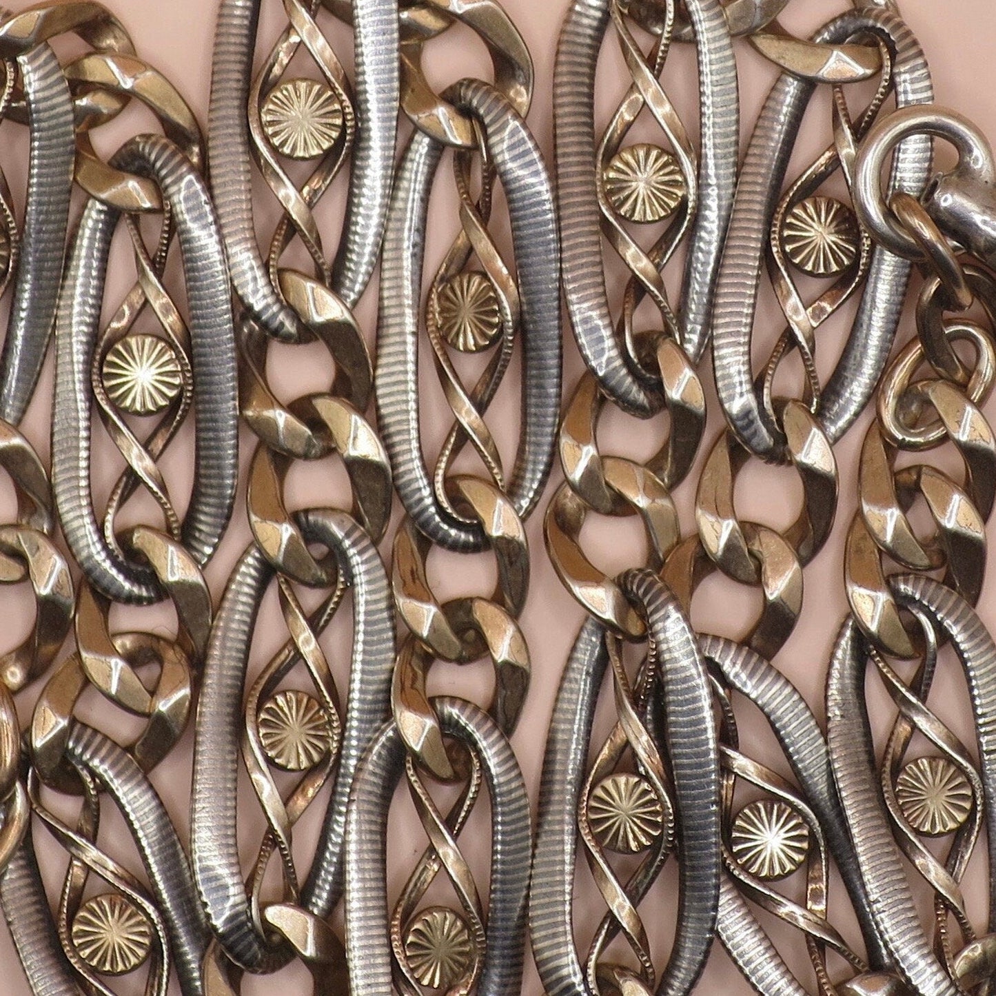 Antique Victorian 800 Silver Niello & Rose Gold Watch Chain Necklace MB12