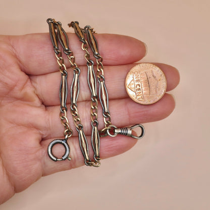 Antique Victorian Niello Silver & 10k Rose Gold Gilt Watch Chain Necklace MB5
