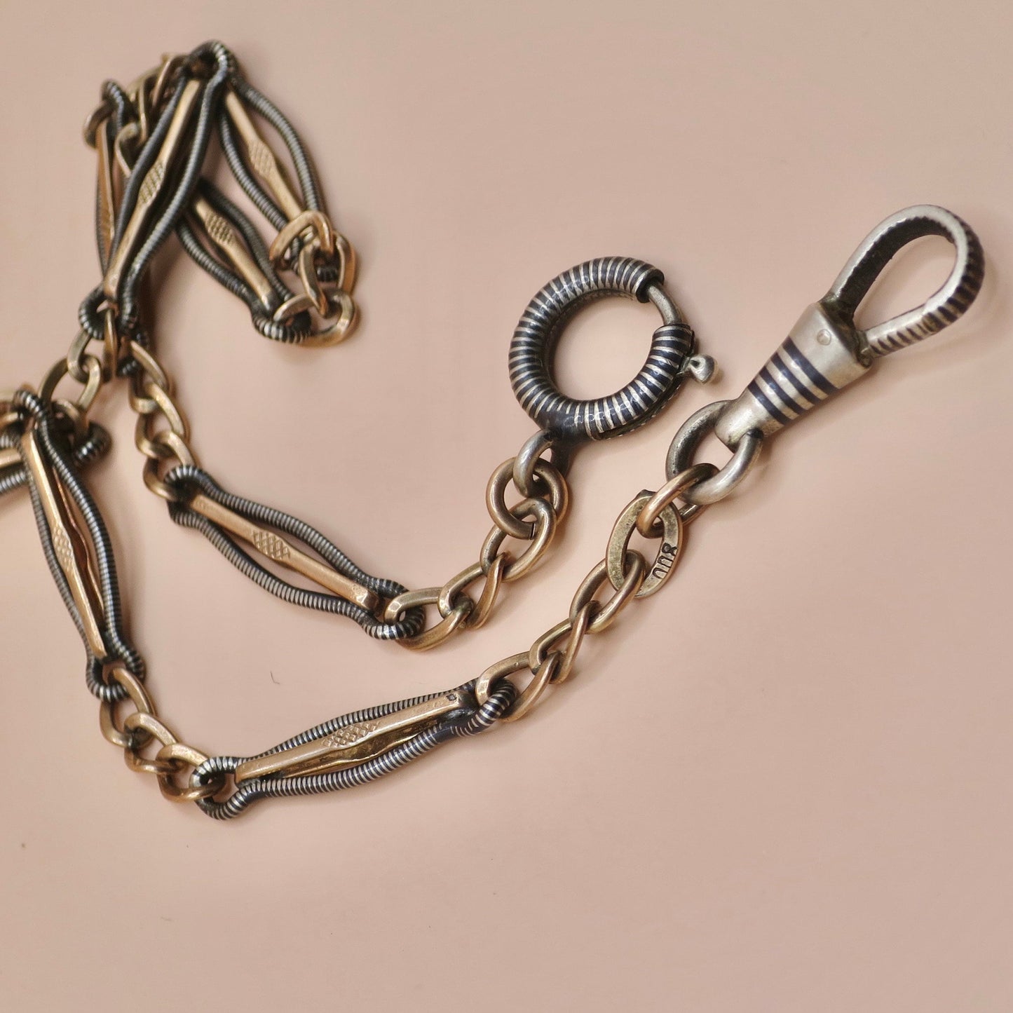 Antique Victorian Niello Silver & 10k Rose Gold Gilt Watch Chain Necklace MB5