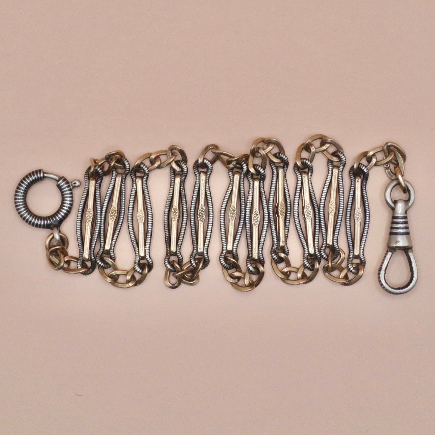 Antique Victorian Niello Silver & 10k Rose Gold Gilt Watch Chain Necklace MB5