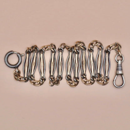 Antique Victorian Niello Silver & 10k Rose Gold Gilt Watch Chain Necklace MB5