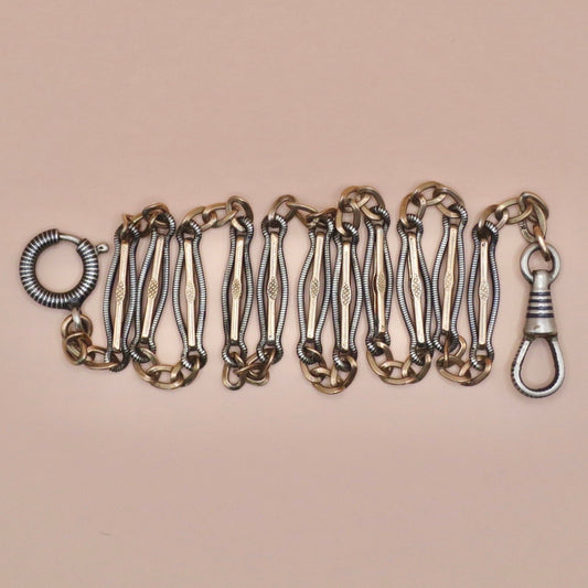 Antique Victorian Niello Silver & 10k Rose Gold Gilt Watch Chain Necklace MB5