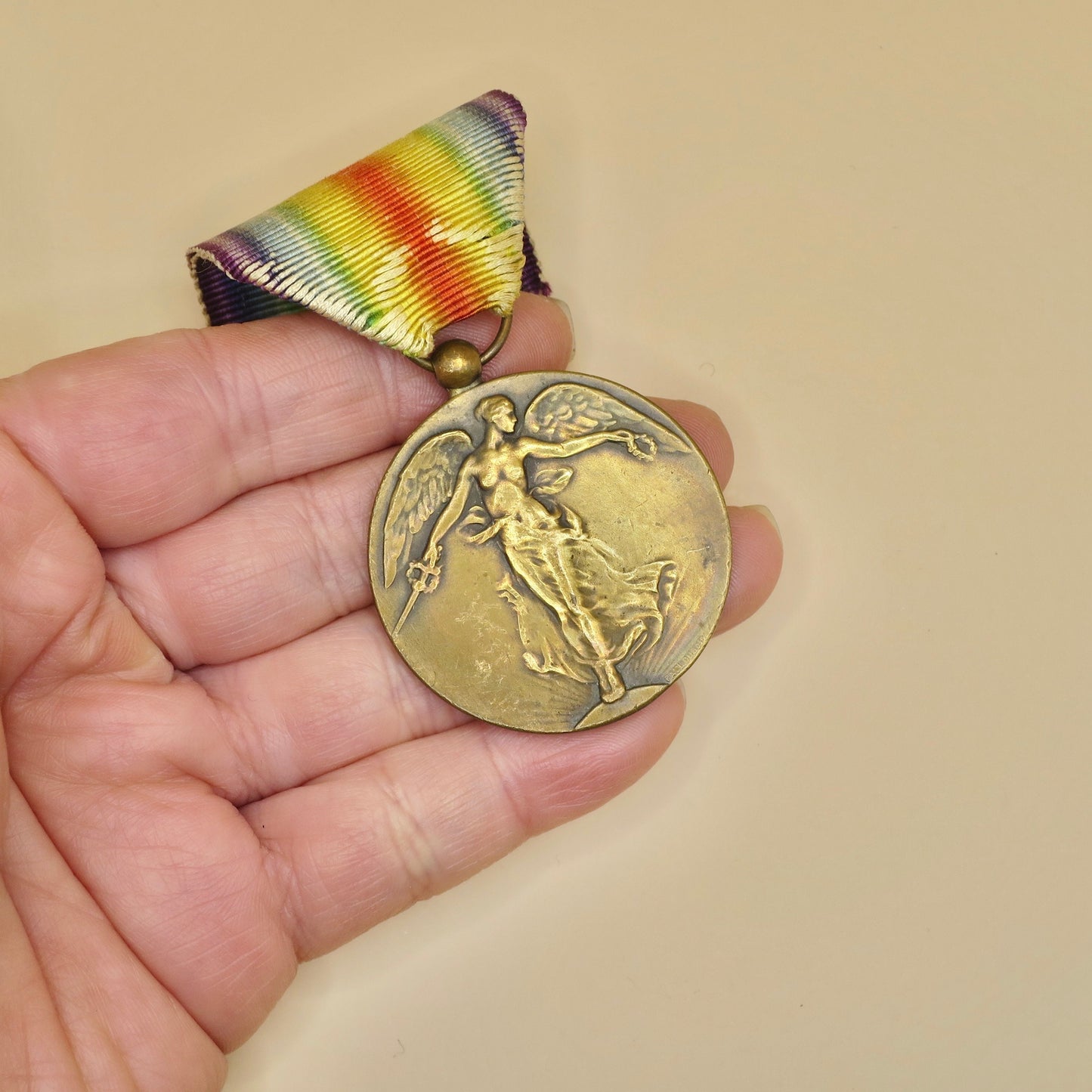 Vintage WWI Belgian Victory Goddess Bronze Medal Pendant