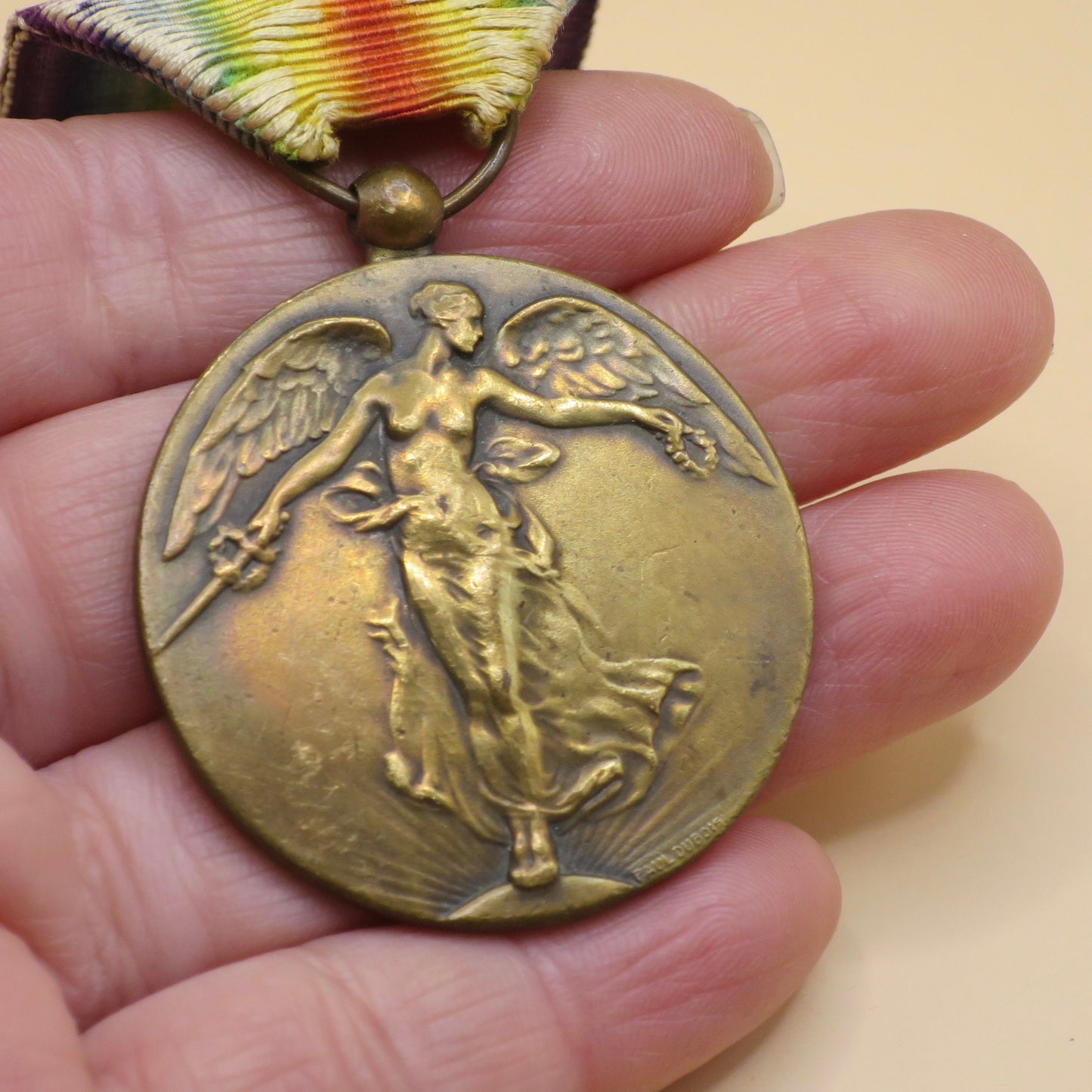 Vintage WWI Belgian Victory Goddess Bronze Medal Pendant