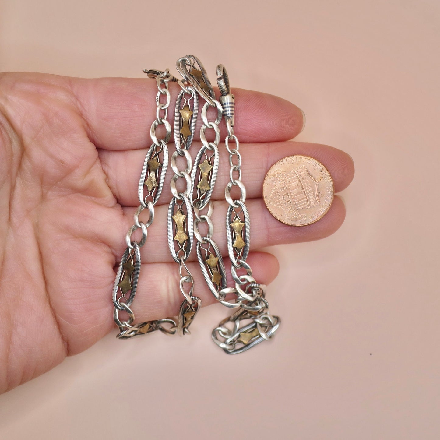 Antique Victorian Niello Silver Pocket Watch Chain Necklace: Rose Gold Stars, 16" MB4