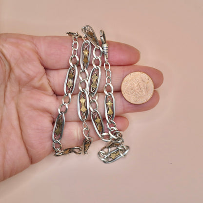 Antique Victorian Niello Silver Pocket Watch Chain Necklace: Rose Gold Stars, 16" MB4