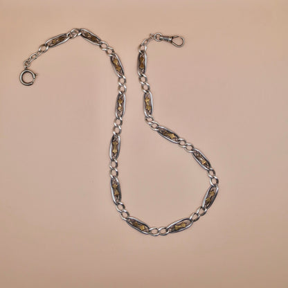 Antique Victorian Niello Silver Pocket Watch Chain Necklace: Rose Gold Stars, 16" MB4