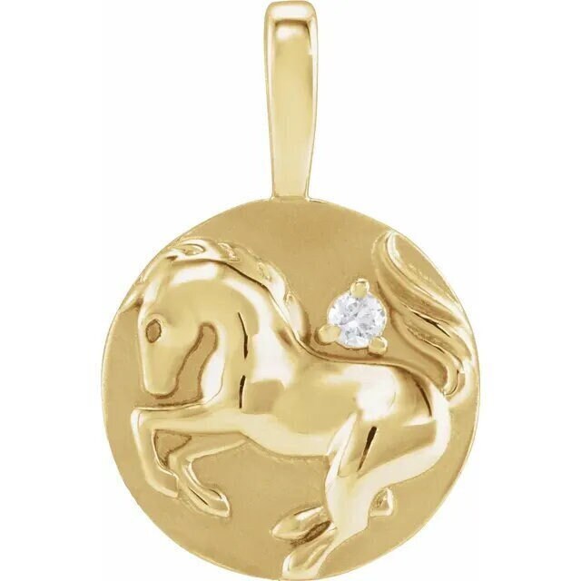 14K Yellow Gold .015 CT Natural Diamond Chinese Zodiac Year of the Horse Pendant