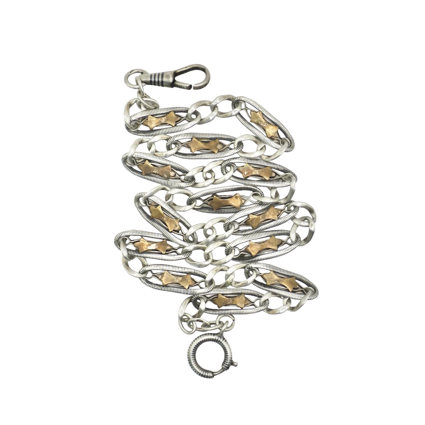 Antique Victorian Niello Silver Pocket Watch Chain Necklace: Rose Gold Stars, 16" MB4