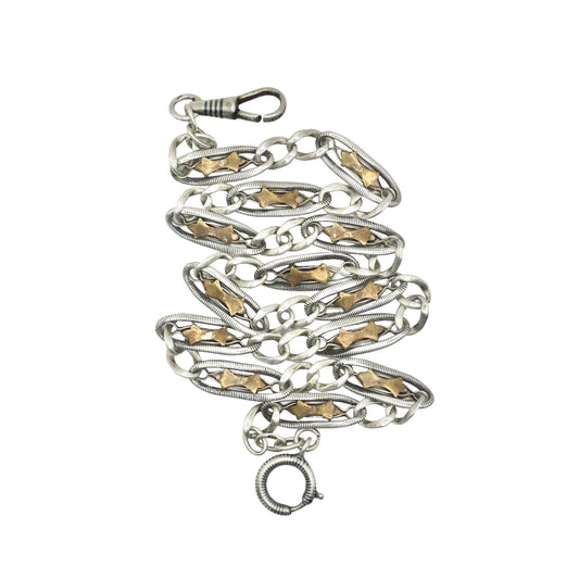 Victorian Niello Silver Pocket Watch Chain Necklace: Rose Gold Stars, 16" MB4