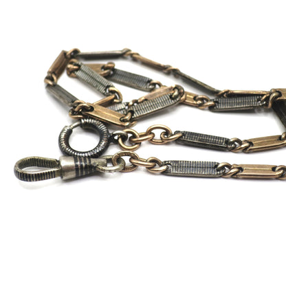 Antique Victorian Niello 800 Silver Bar Link Necklace - 14k Rose Gold Vermeil, 15"inches MB7