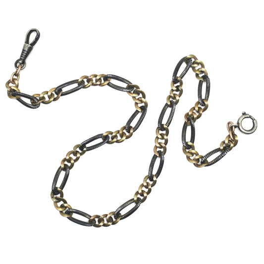 Antique Victorian 800 Silver Niello 9k Rose Gold Vermeil Pocket Wactch Chain Necklace MB64