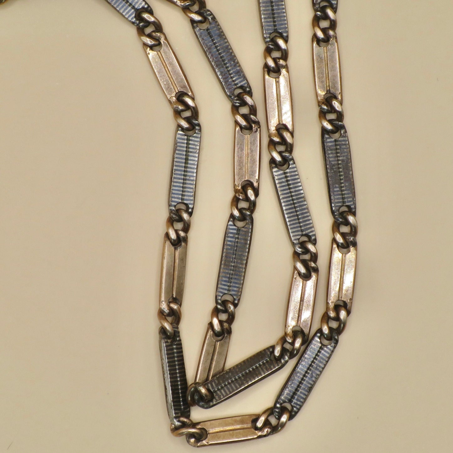 Antique Victorian Niello 800 Silver Bar Link Necklace - 14k Rose Gold Vermeil, 15"inches MB7