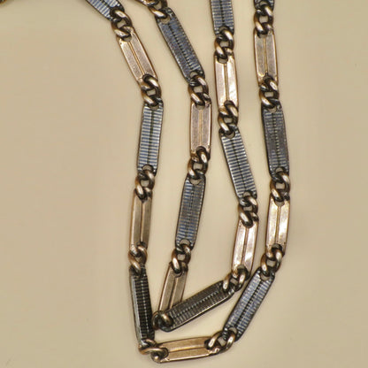 Antique Victorian Niello 800 Silver Bar Link Necklace - 14k Rose Gold Vermeil, 15"inches MB7