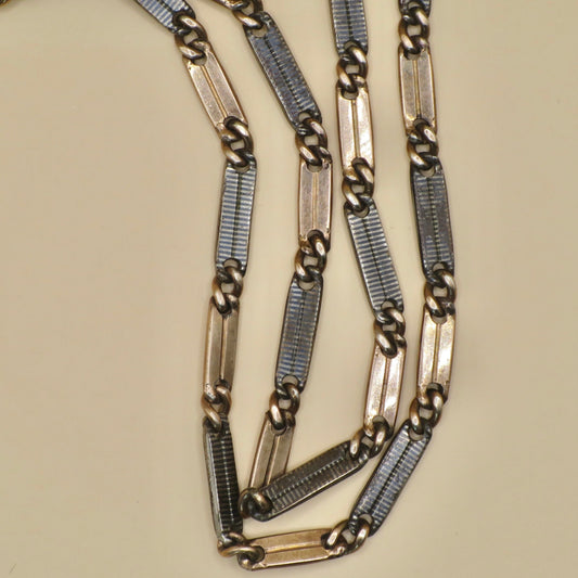 Antique Victorian Niello 800 Silver Bar Link Necklace - 14k Rose Gold Vermeil, 15"inches MB7