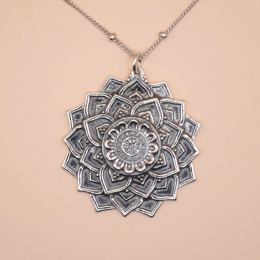 Solid 925 Sterling Silver Large Lotus Mandala Pendant