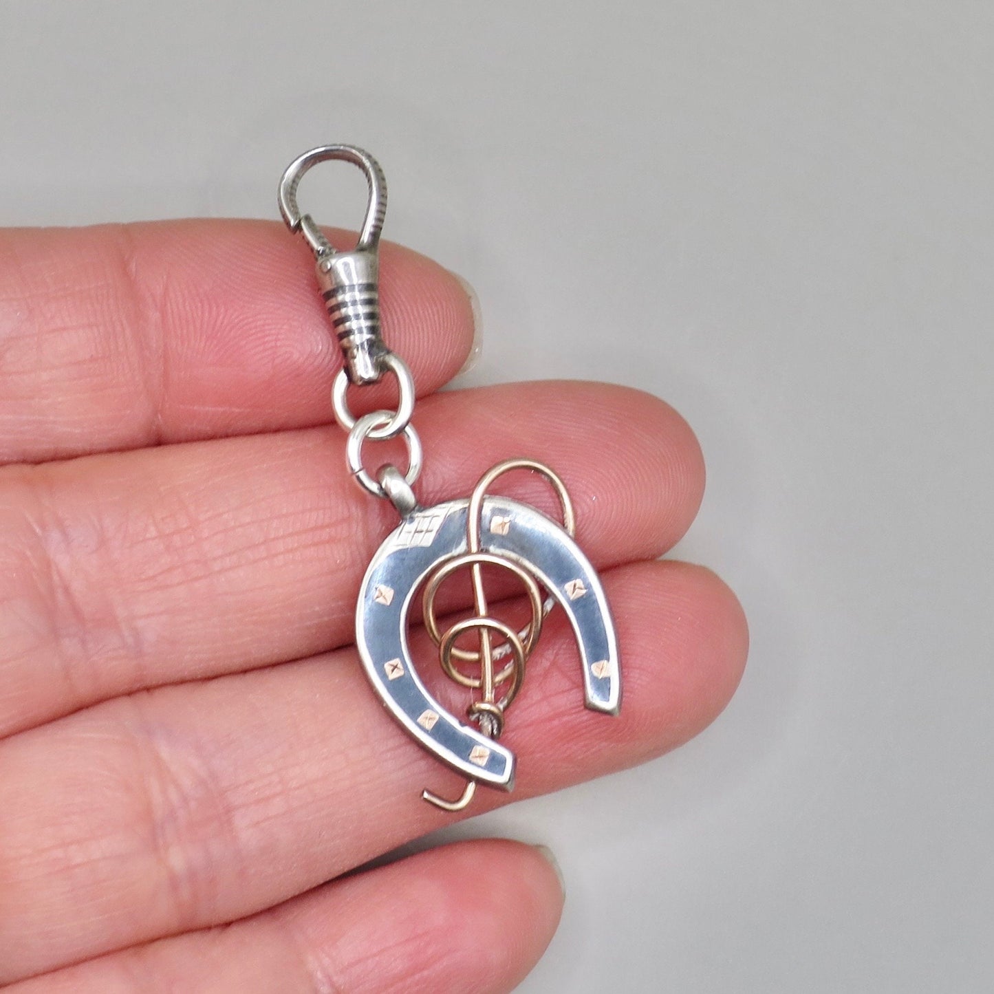 Antique Victorian 800 Niello Silver and Rose Gold Vermeil Equestrian Horseshoe Charm Pendant N13