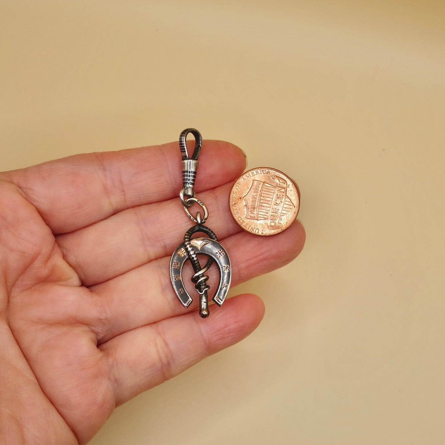Antique Victorian Niello Silver Horseshoe Pendant: Equestrian Charm N14