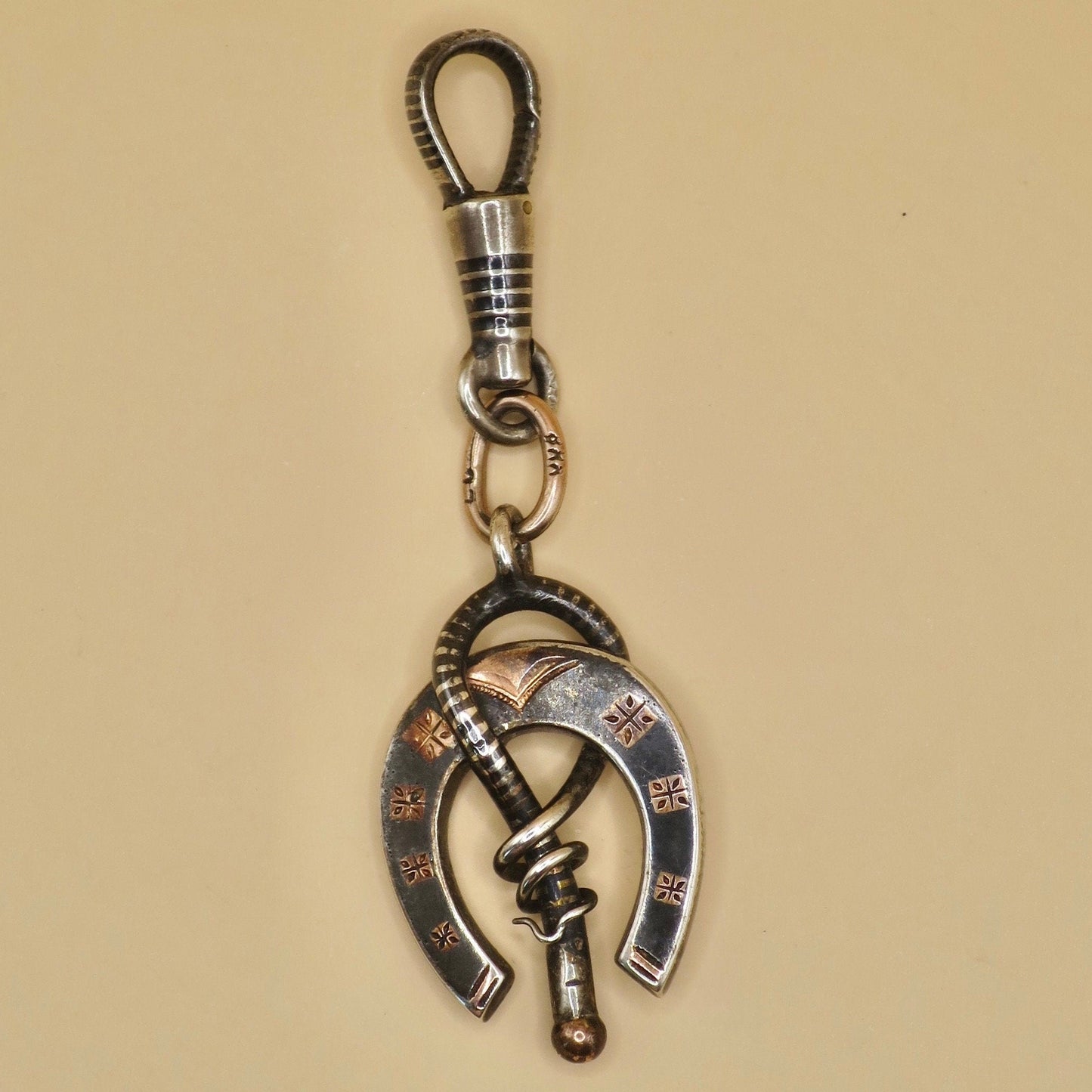 Antique Victorian Niello Silver Horseshoe Pendant: Equestrian Charm N14