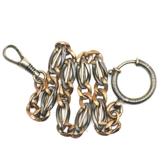 Antique Victorian Niello 800 Silver & 12k Rose Gold Gilt Watch Chain Bracelet MB49