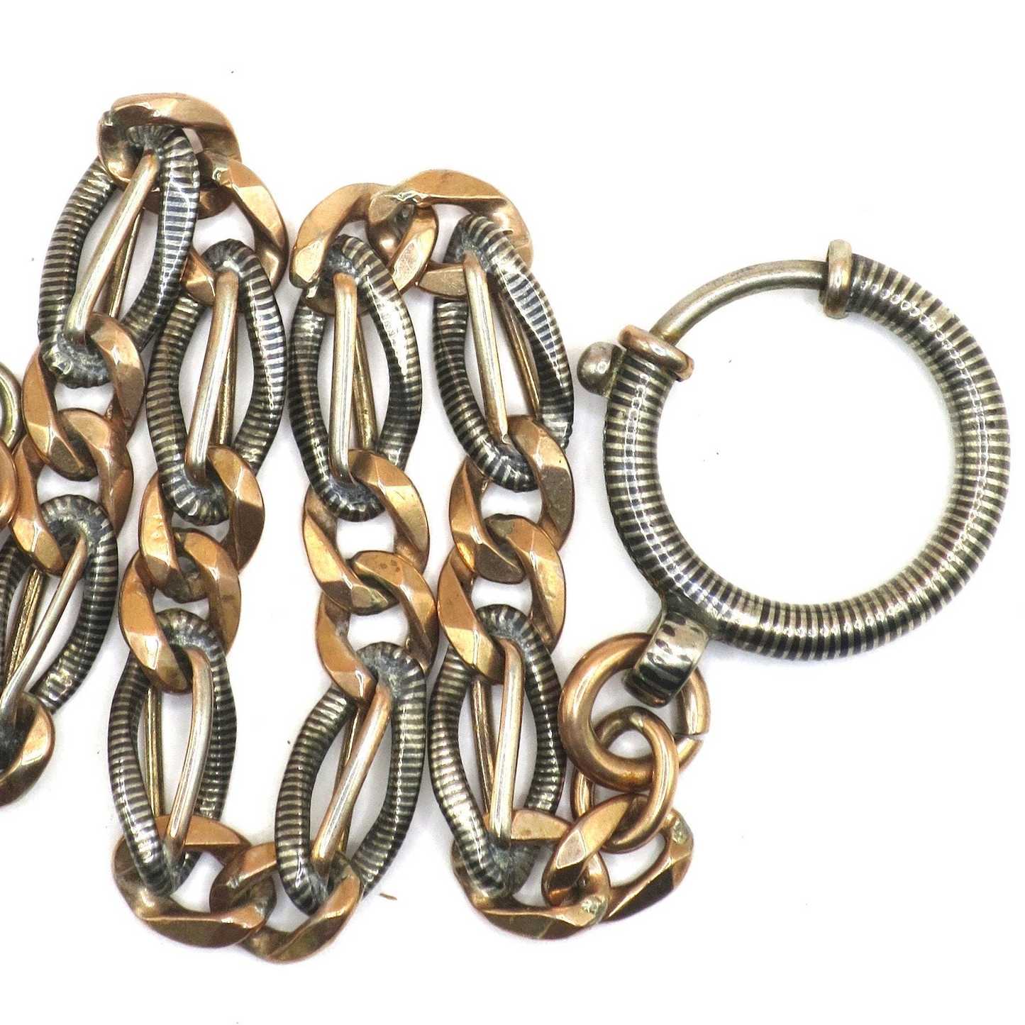 Antique Victorian Niello 800 Silver & 12k Rose Gold Gilt Watch Chain Bracelet MB49