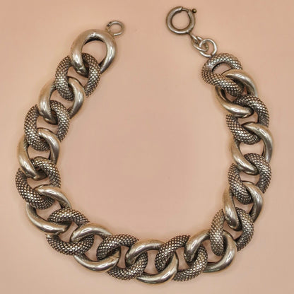 Antique Victorian French Silver Chunky Textured Curb Link Bracelet