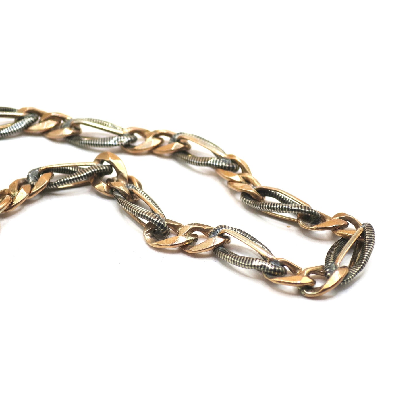 Antique Victorian Niello 800 Silver & 12k Rose Gold Gilt Watch Chain Bracelet MB49
