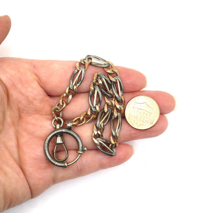 Antique Victorian Niello 800 Silver & 12k Rose Gold Gilt Watch Chain Bracelet MB49