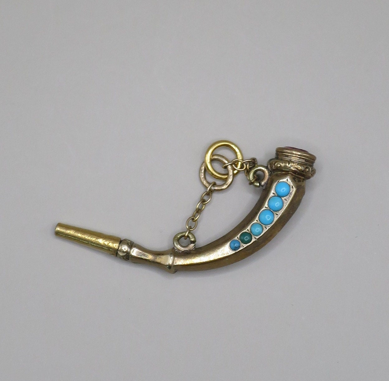 Antique Victorian 9ct Gold Cased Horn Claw Shape Turquoises & Amethyst Watch Key Pendant
