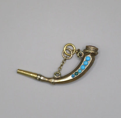 Antique Victorian 9ct Gold Cased Horn Claw Shape Turquoises & Amethyst Watch Key Pendant