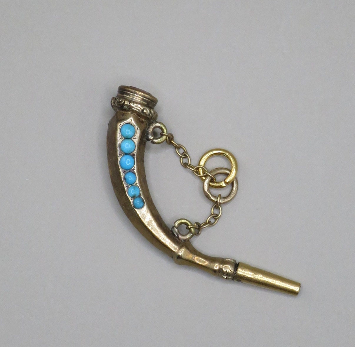 Antique Victorian 9ct Gold Cased Horn Claw Shape Turquoises & Amethyst Watch Key Pendant