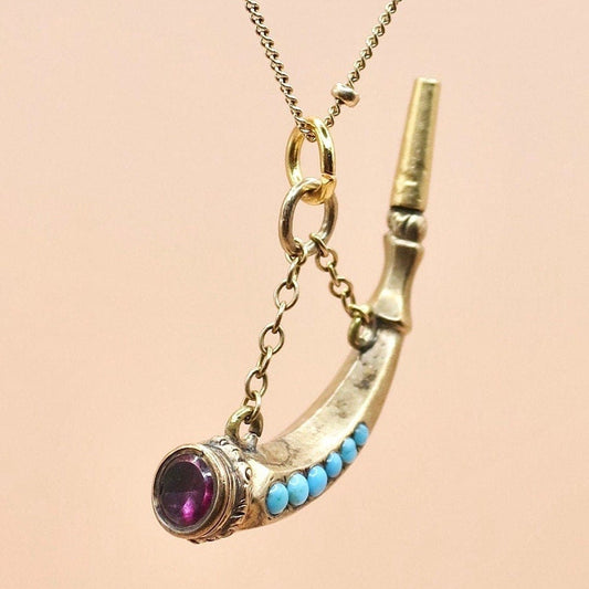 Antique Victorian 9ct Gold Cased Horn Claw Shape Turquoises & Amethyst Watch Key Pendant