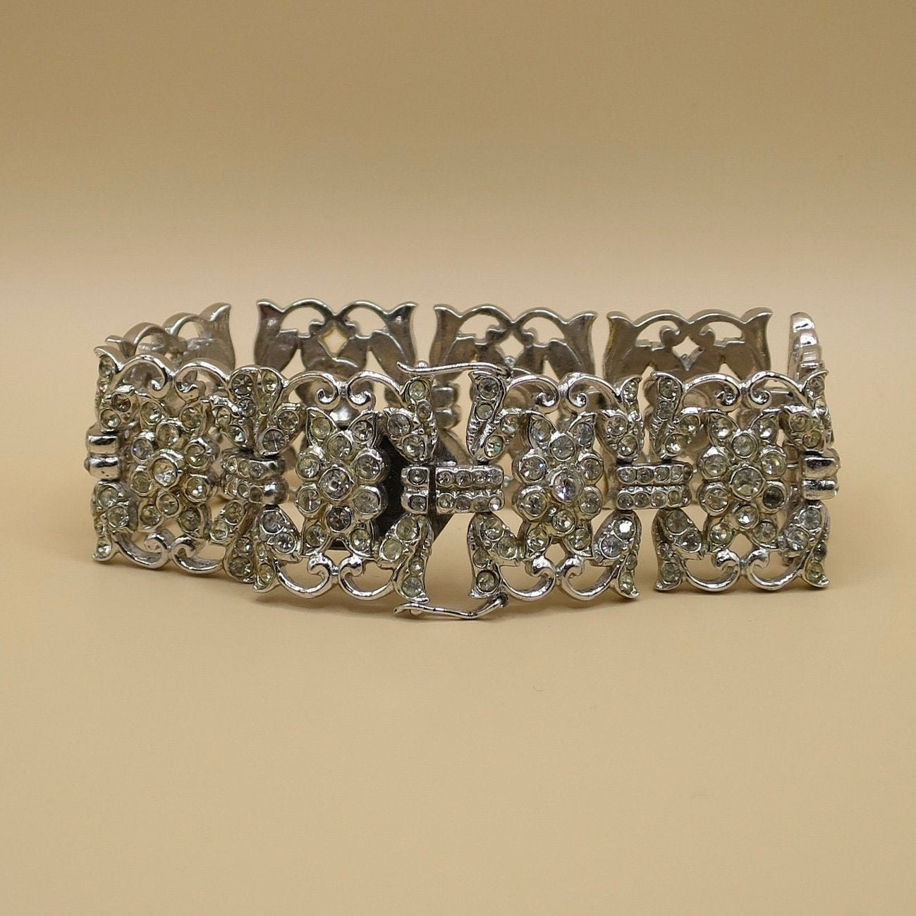 Vintage Assayed Art Deco Rhodium Plated Sterling Silver Paste Bracelet