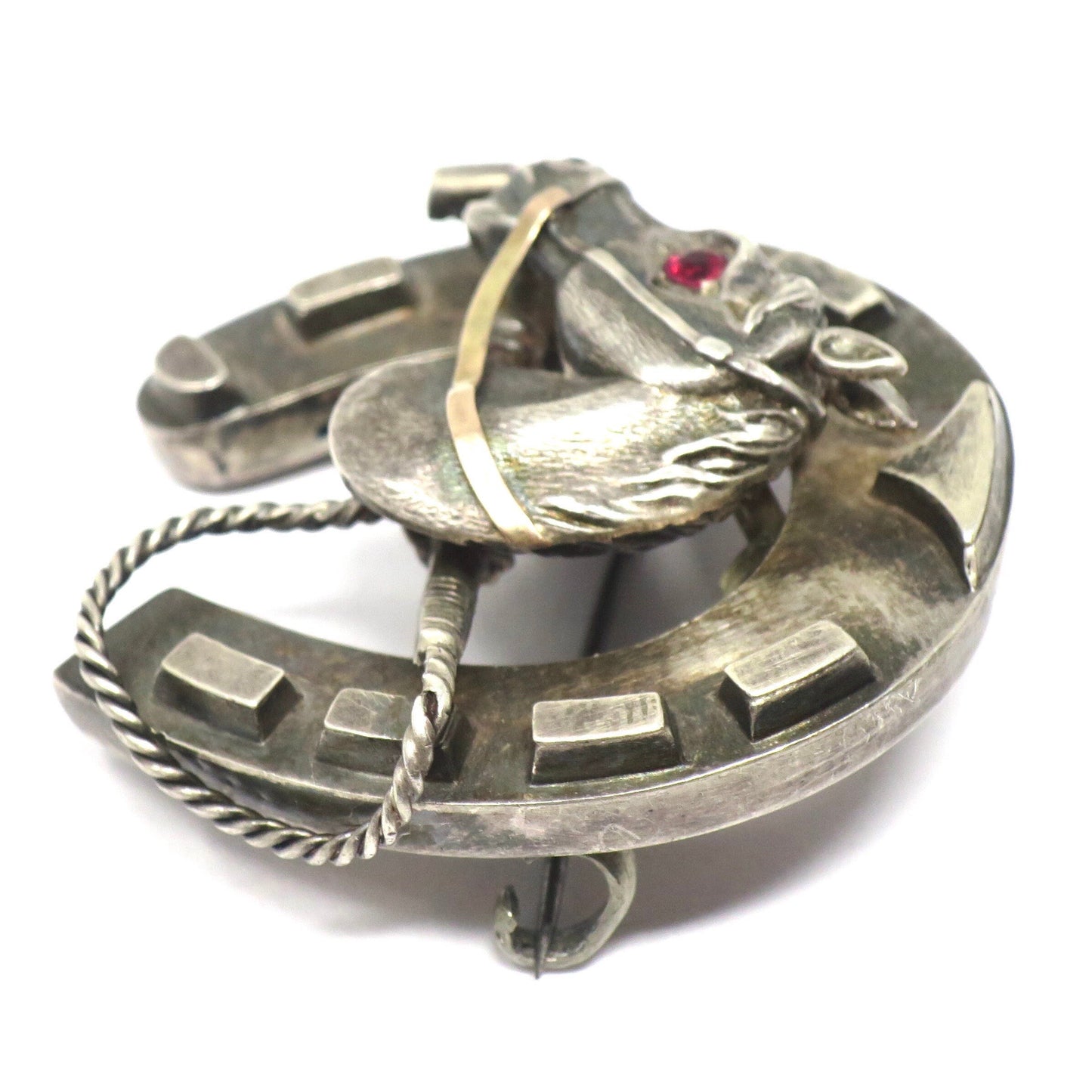 Antique Victorian Equestrian Horsehead Horseshoe Good Luck with Red Paste Pin Brooch