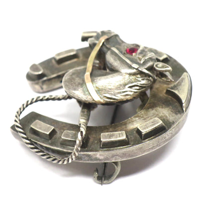 Antique Victorian Equestrian Horsehead Horseshoe Good Luck with Red Paste Pin Brooch