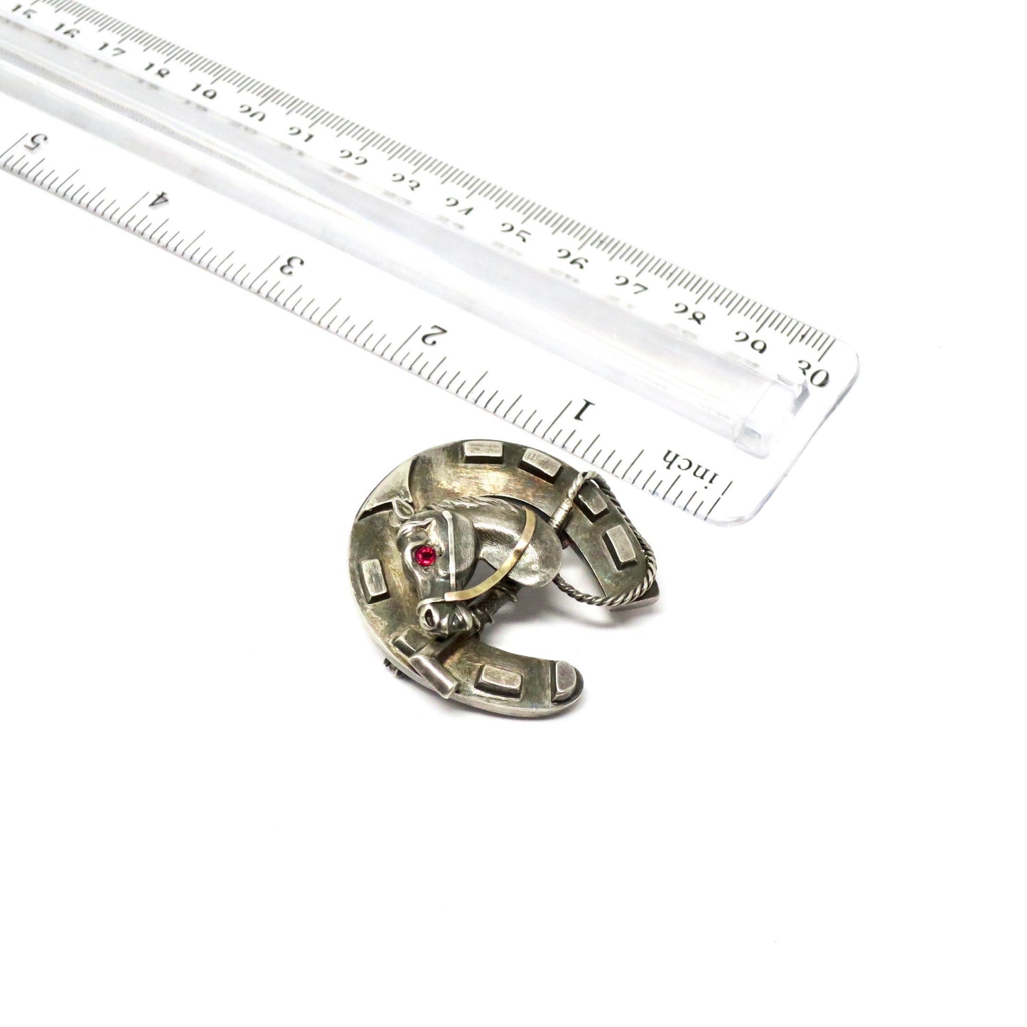 Antique Victorian Equestrian Horsehead Horseshoe Good Luck with Red Paste Pin Brooch