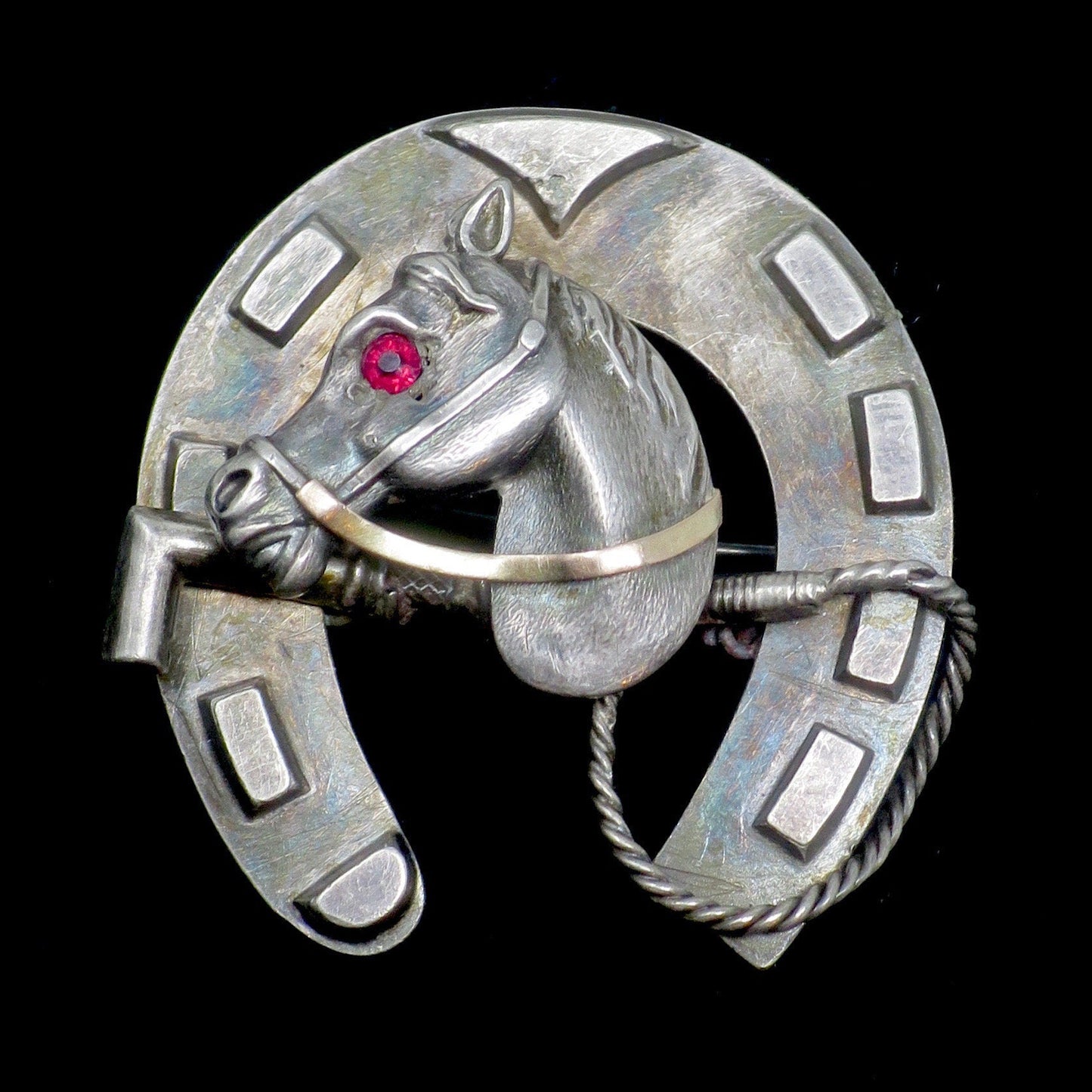 Antique Victorian Equestrian Horsehead Horseshoe Good Luck with Red Paste Pin Brooch
